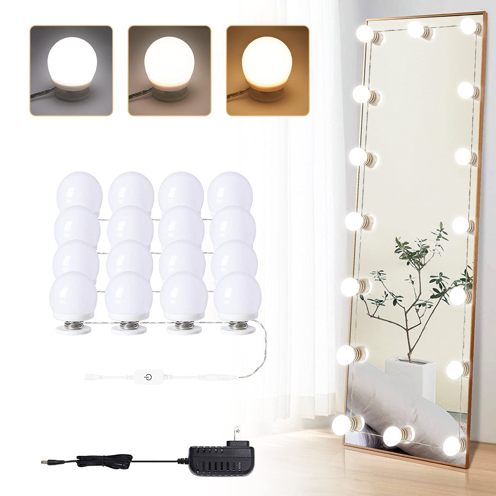 Vanity Lights for Mirror, 16 LED Bulbs Hollywood Makeup Lights, 3 Color Modes, Dimmable Brightness, Plug in, Stick up, for Dressing Table Bathroom Body Wall Mirror Lights