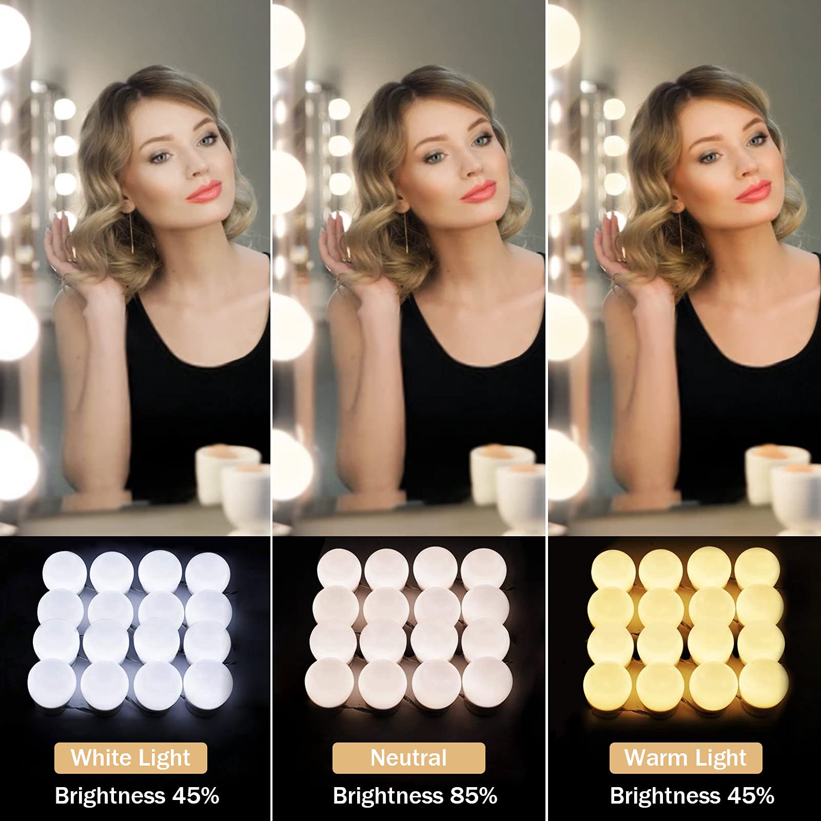 Vanity Lights for Mirror, 16 LED Bulbs Hollywood Makeup Lights, 3 Color Modes, Dimmable Brightness, Plug in, Stick up, for Dressing Table Bathroom Body Wall Mirror Lights - Image 2