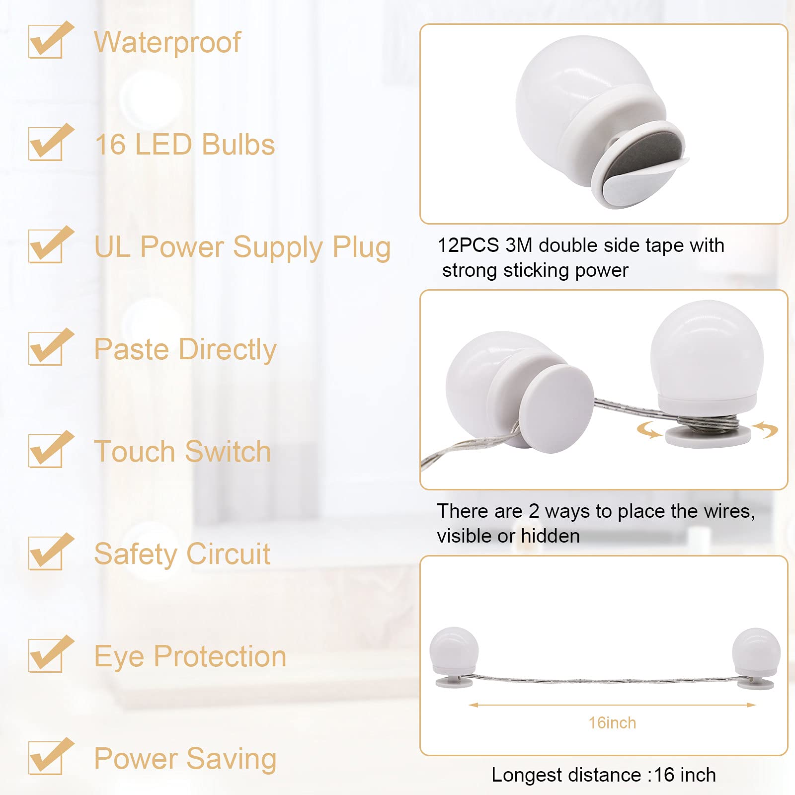 Vanity Lights for Mirror, 16 LED Bulbs Hollywood Makeup Lights, 3 Color Modes, Dimmable Brightness, Plug in, Stick up, for Dressing Table Bathroom Body Wall Mirror Lights - Image 3