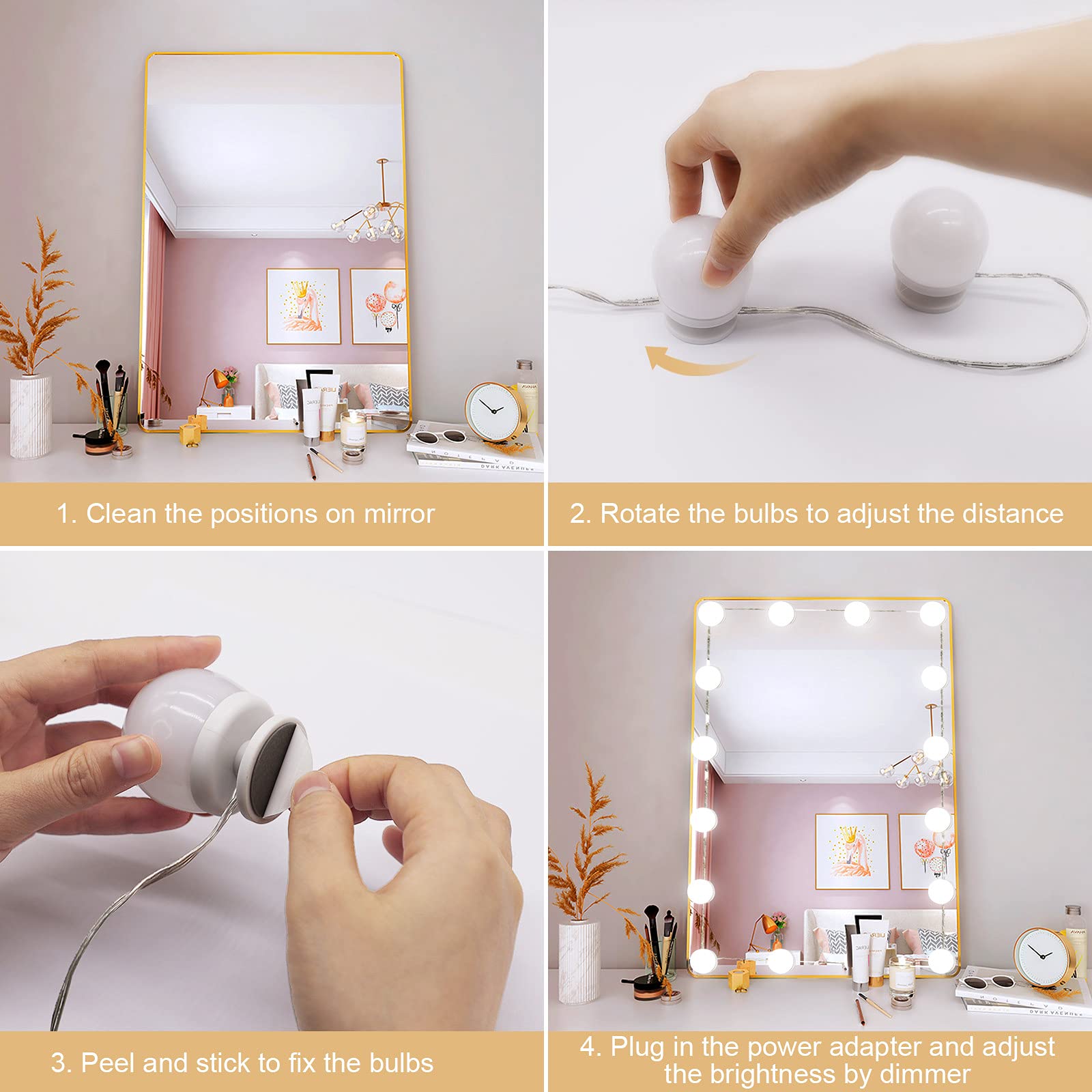 Vanity Lights for Mirror, 16 LED Bulbs Hollywood Makeup Lights, 3 Color Modes, Dimmable Brightness, Plug in, Stick up, for Dressing Table Bathroom Body Wall Mirror Lights - Image 4